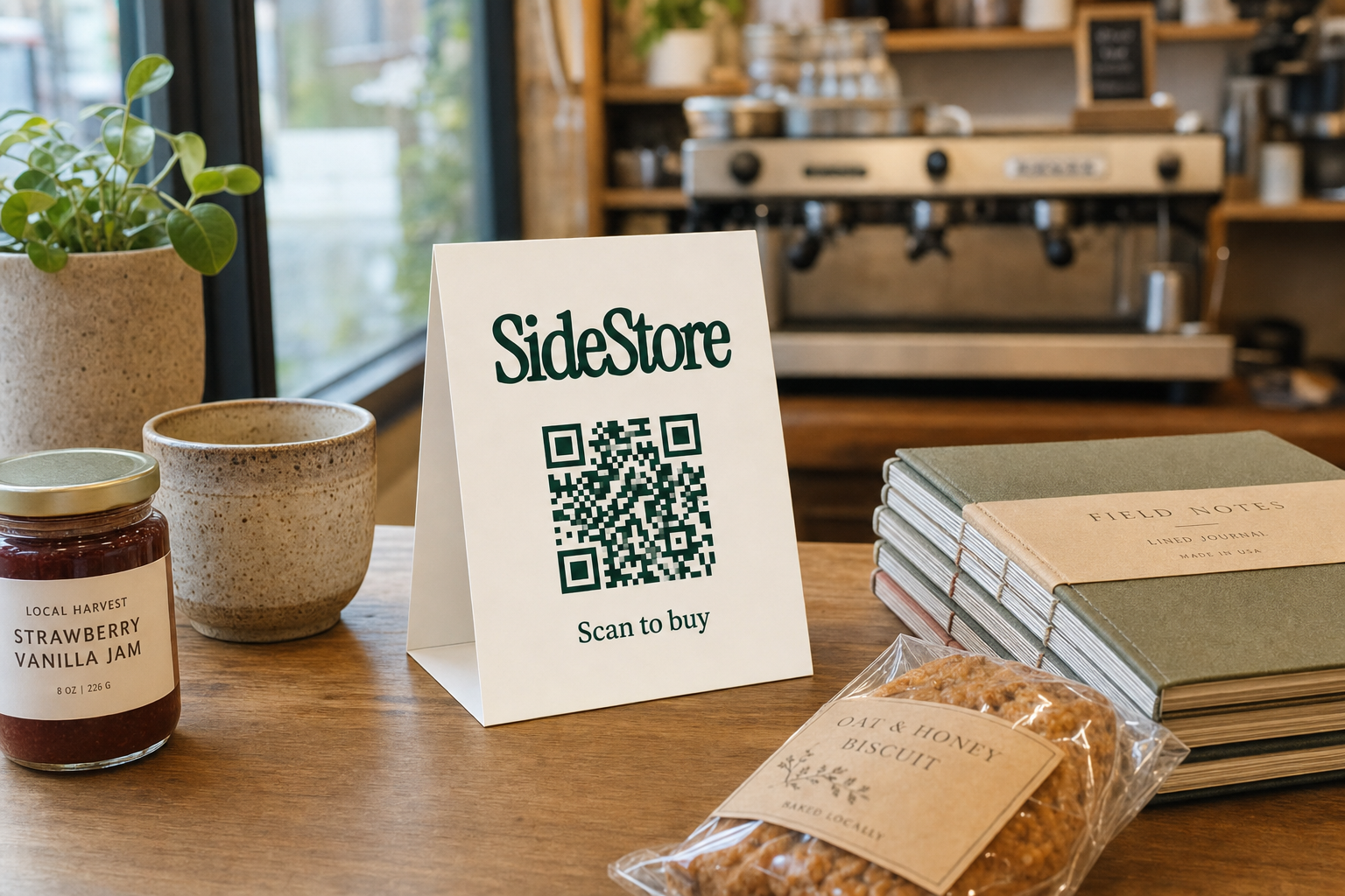 SideStore QR checkout card displayed on a cafe counter next to handmade products and artisan goods