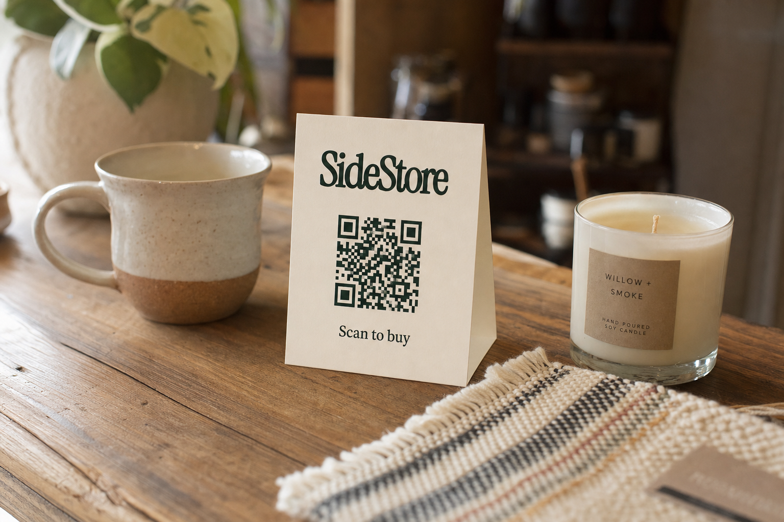 Overhead view of a SideStore QR card displayed on a wooden table beside handmade products including a ceramic mug, woven textile, and candle in warm natural light.