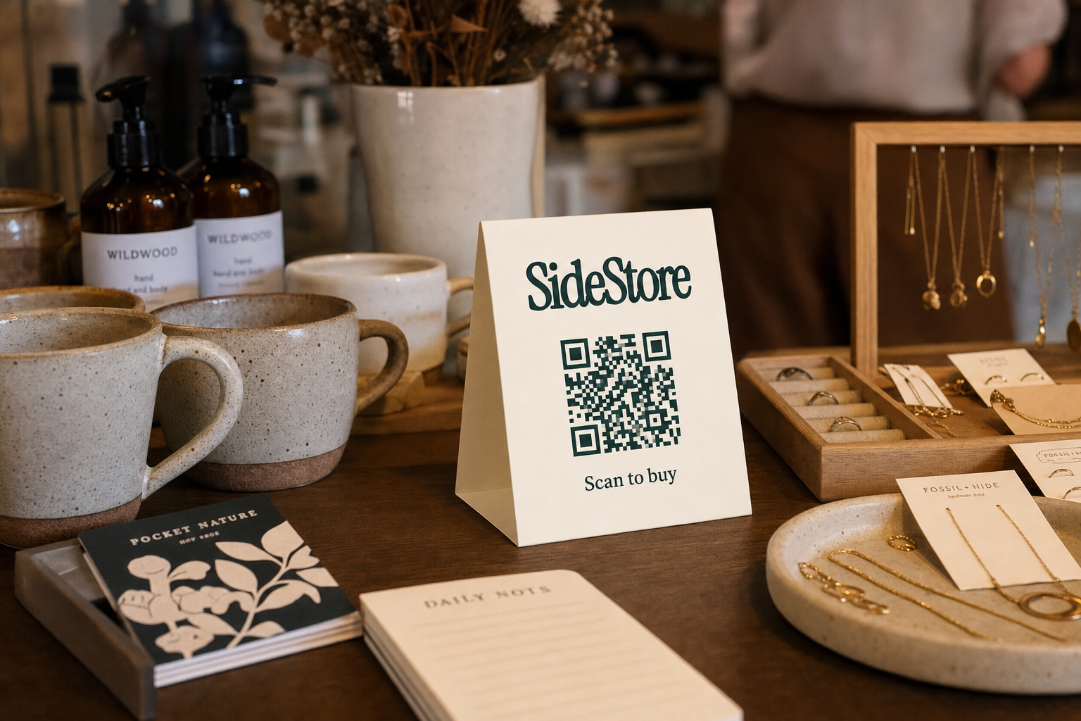 An ivory SideStore tent card standing upright on a boutique retail counter next to handmade ceramics and local jewelry, with a navy green QR code visible for scan-to-pay checkout.