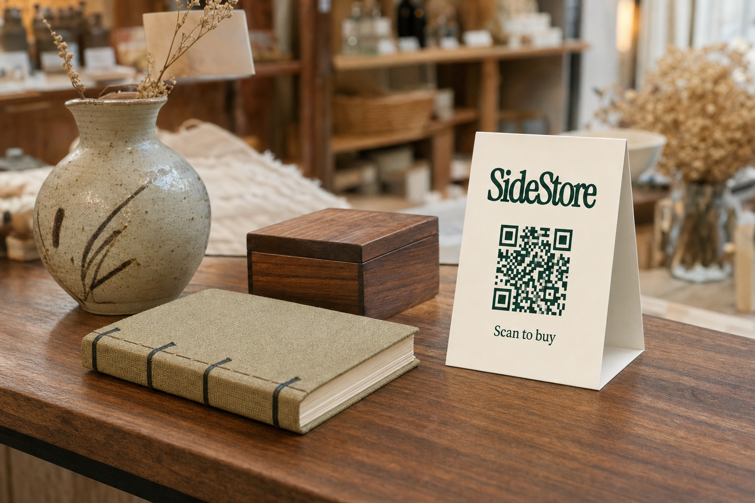 A boutique display table with local artisan products (ceramic vase, notebook, wooden box) and a SideStore scan-to-pay QR card tent card in the foreground. Warm natural light, wooden shelving, curated retail setting.