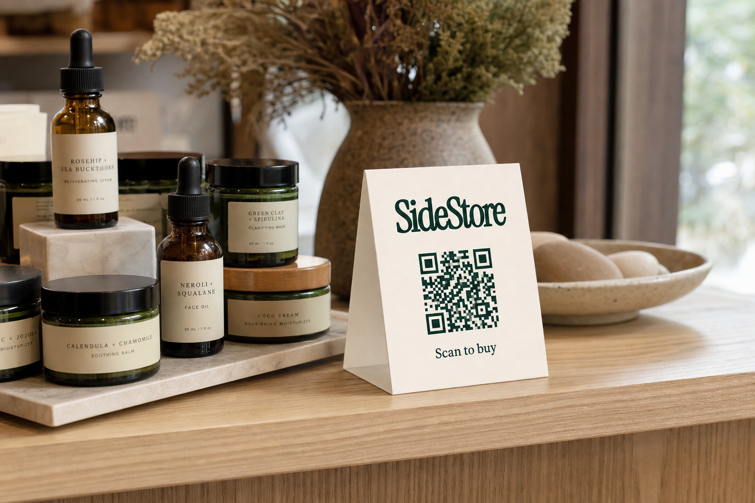 Artisan skincare products arranged on a salon counter beside a standing SideStore QR tent card for scan-to-pay consignment checkout