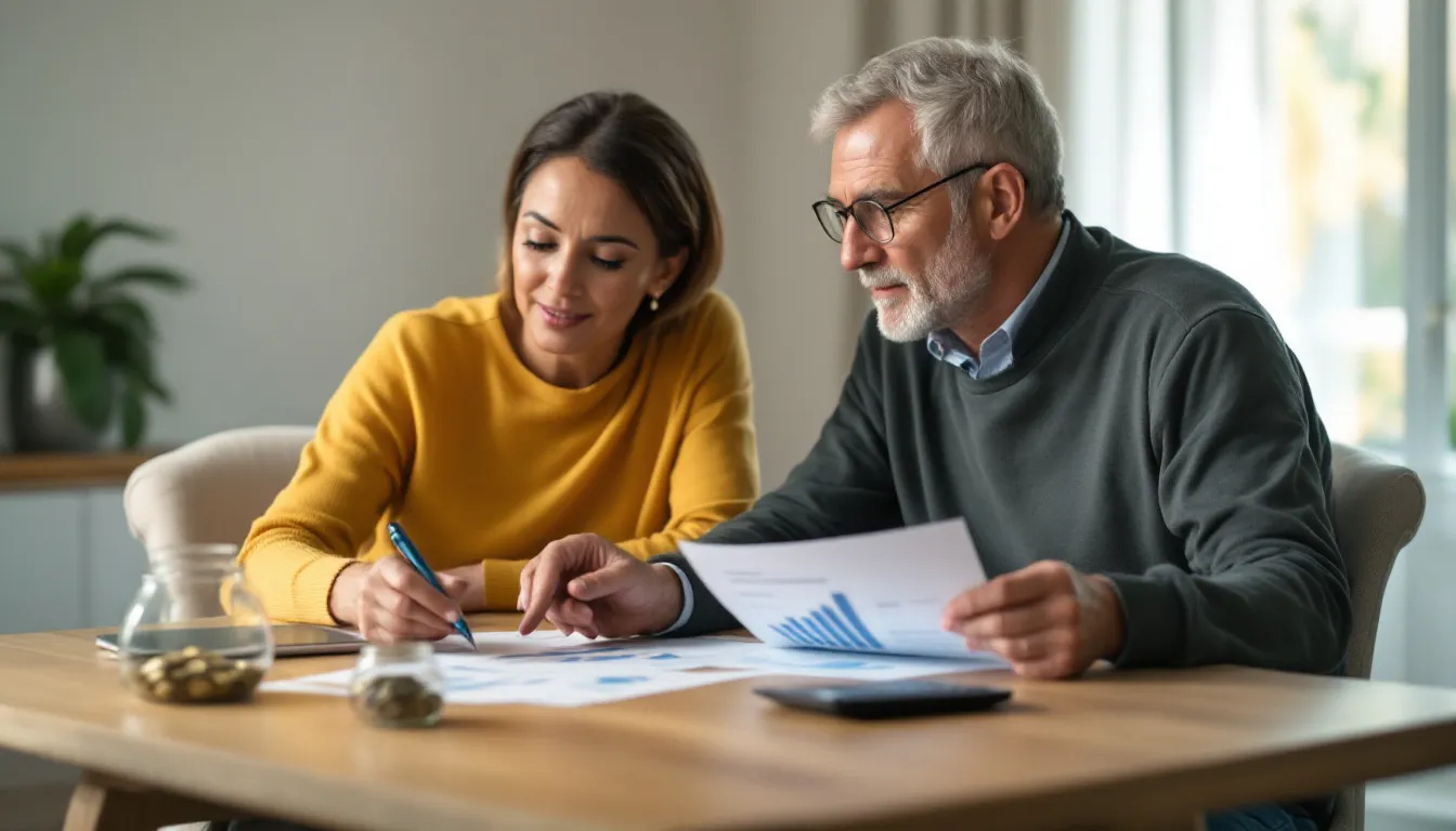 A mature South African couple reviewing retirement financial documents at a dining table, planning for the impact of the 2026 budget on their savings
