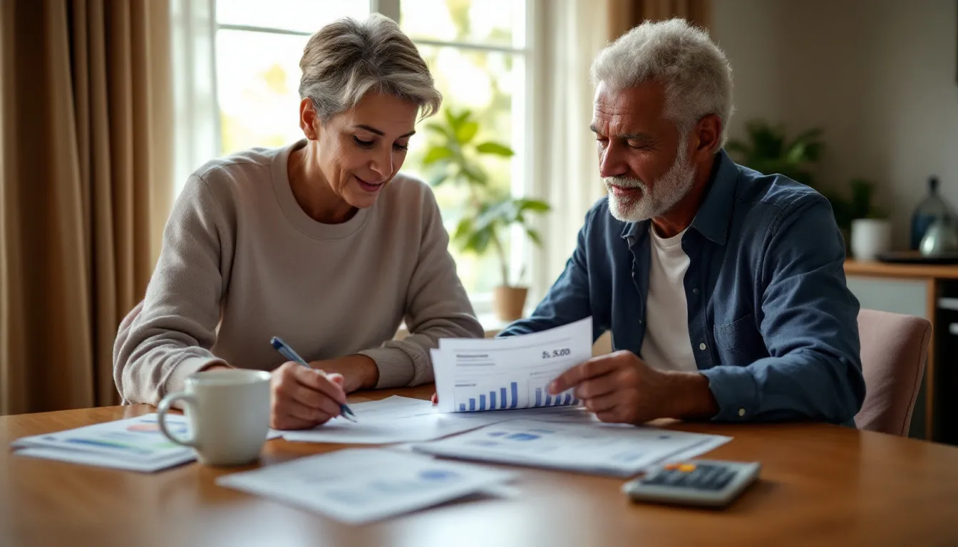 South African couple in their fifties reviewing retirement planning documents at a wooden table with natural light and a cup of coffee