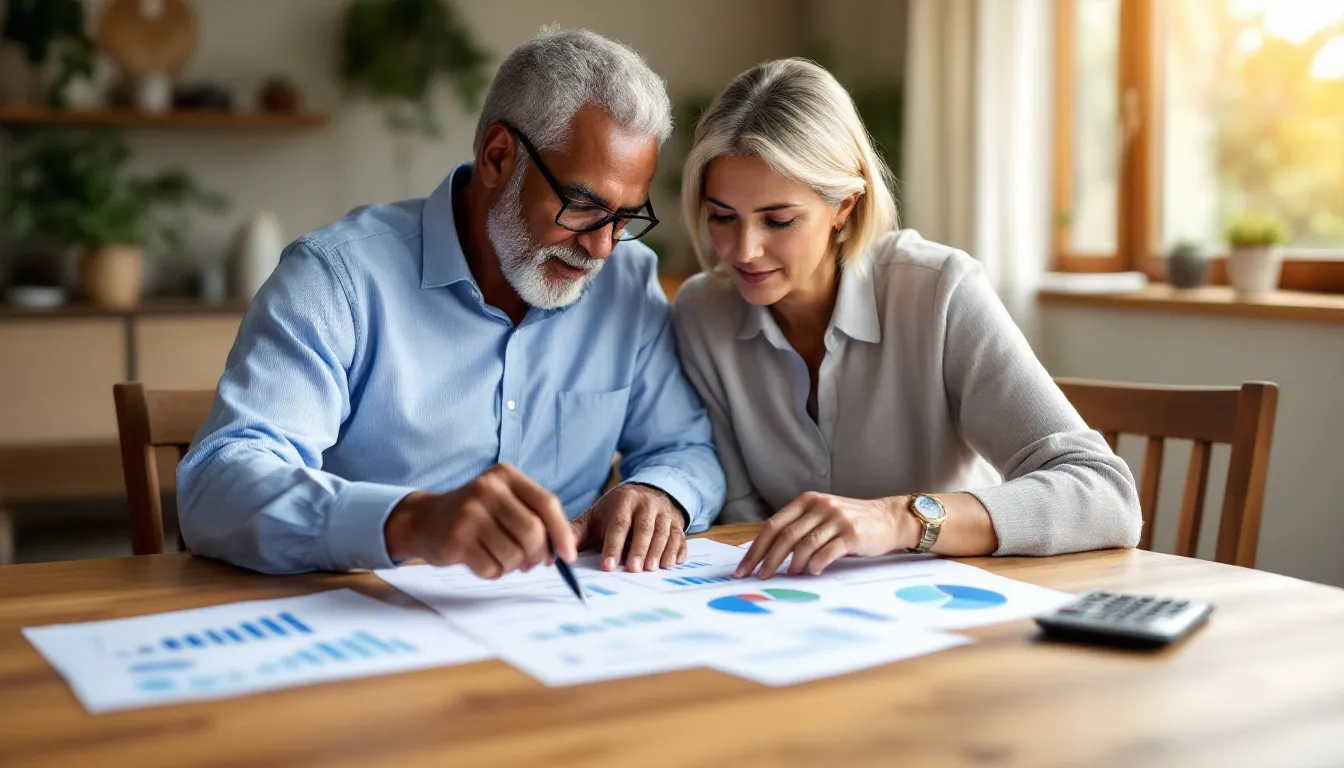 A South African couple reviewing a currency-diversified ETF portfolio document at their home table, with investment charts and a calculator visible