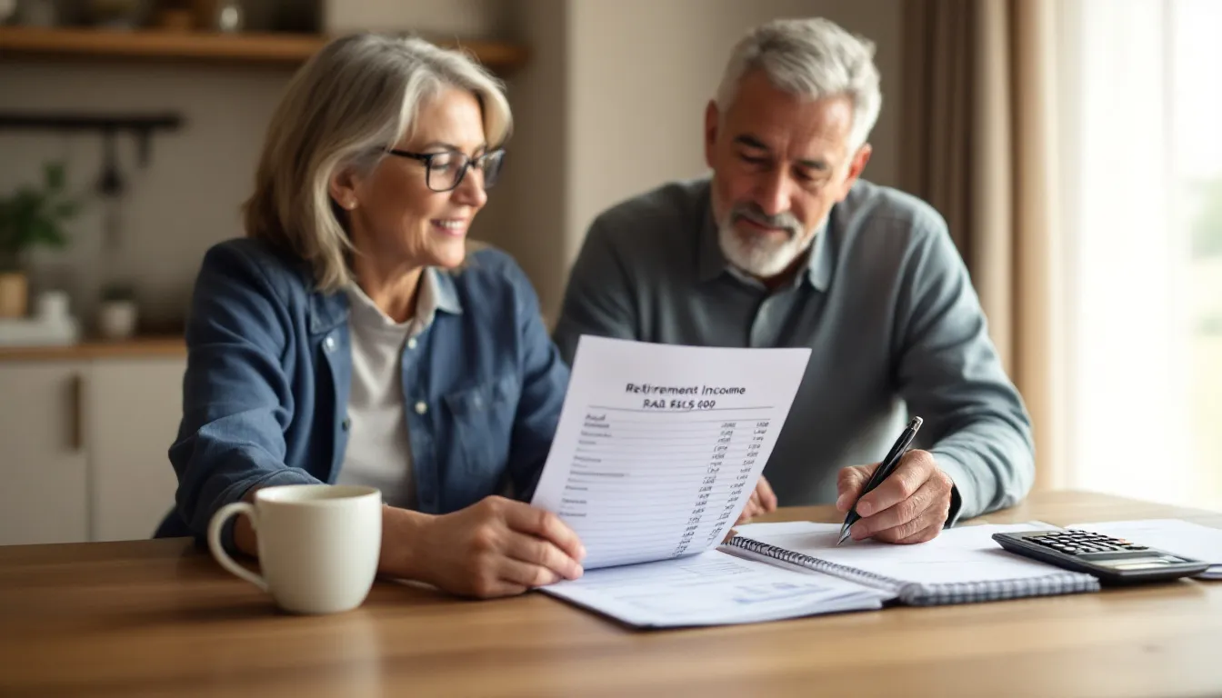 A mature South African couple reviewing printed retirement income statements and handwritten calculations at a wooden table near a sunlit window, planning how much they need to retire comfortably.