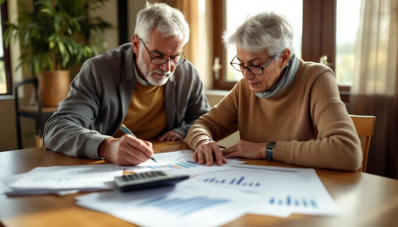 A mature South African couple reviewing retirement savings documents and inflation impact charts at a home dining table