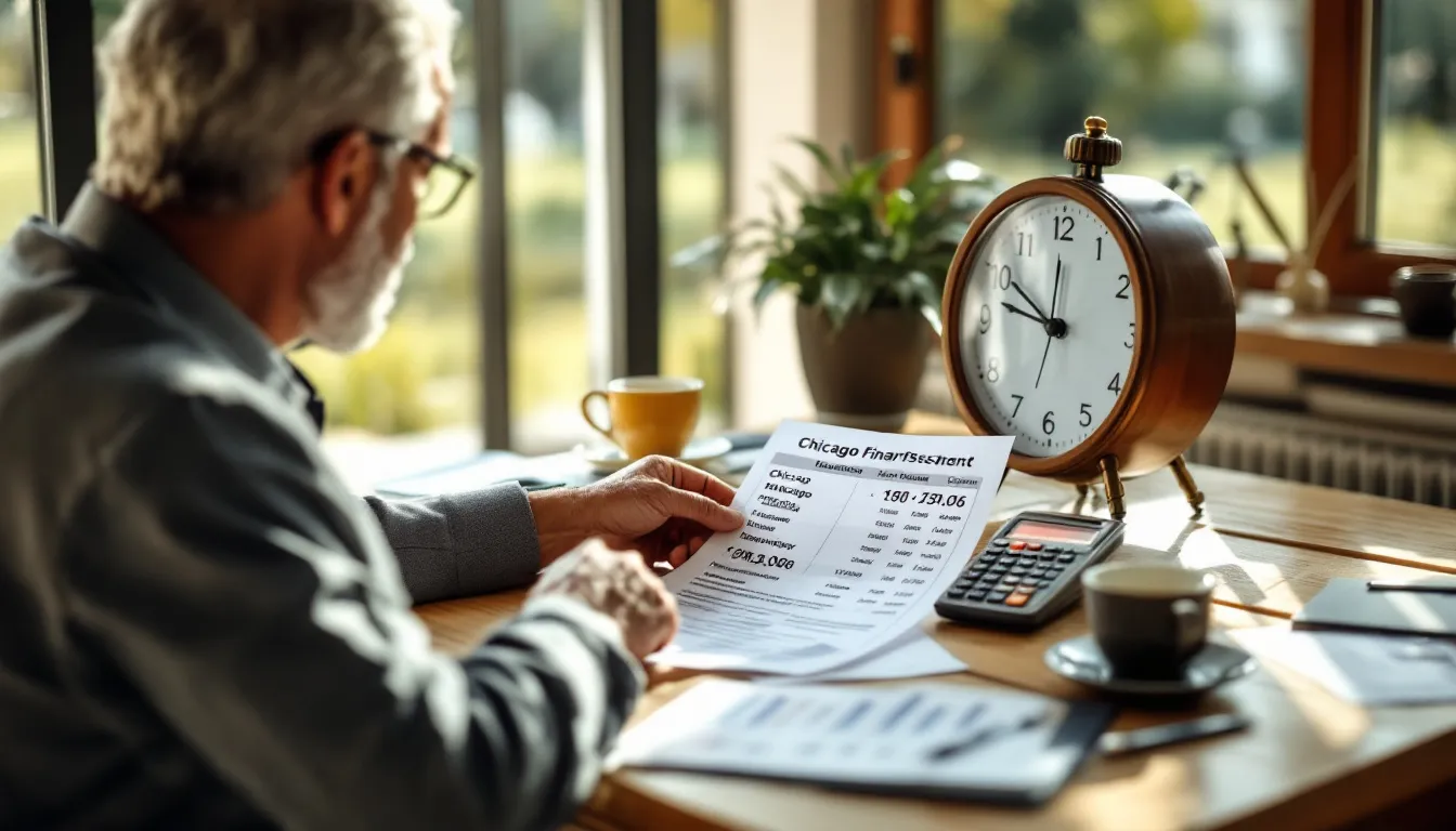 South African investor reviewing Chicago market trading hours and financial statements at a desk with a world clock showing time zones