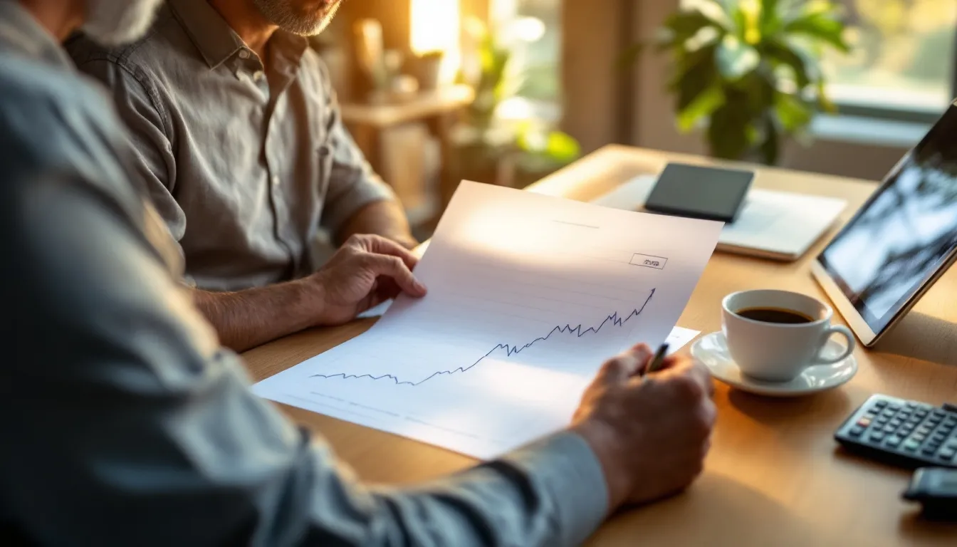 South African investor reviewing printed long-term portfolio growth charts and investment statements at a wooden desk with natural window light