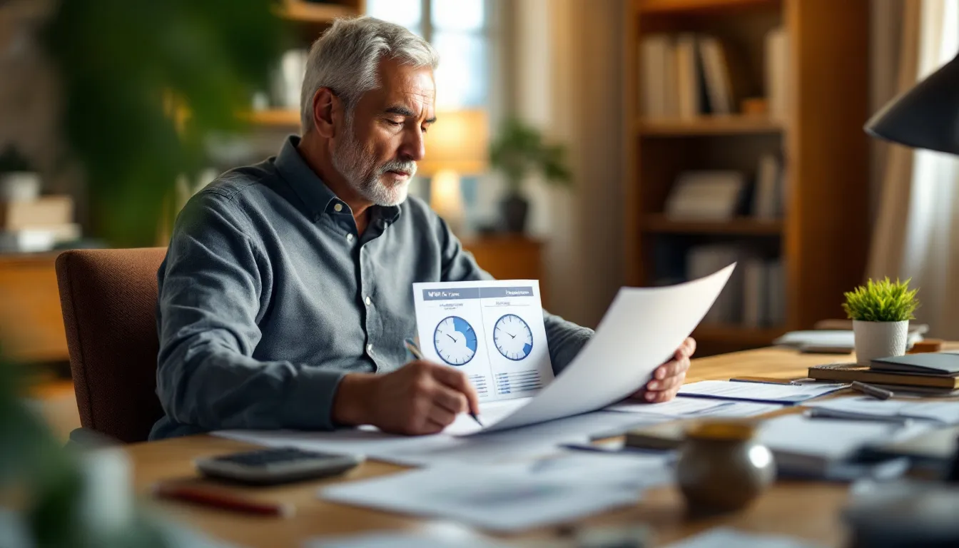 South African investor reviewing US stock market trading hours and investment statements at a home office desk