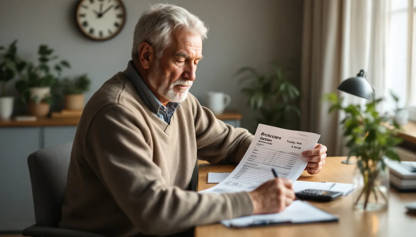 South African investor reviewing US stock market trading hours on a printed statement at a desk, with an analog clock showing 7:30 in the background