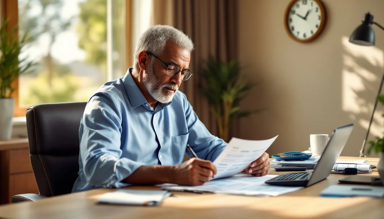 South African investor reviewing US stock market trading hours at his desk with a clock showing 1:00 PM in the background