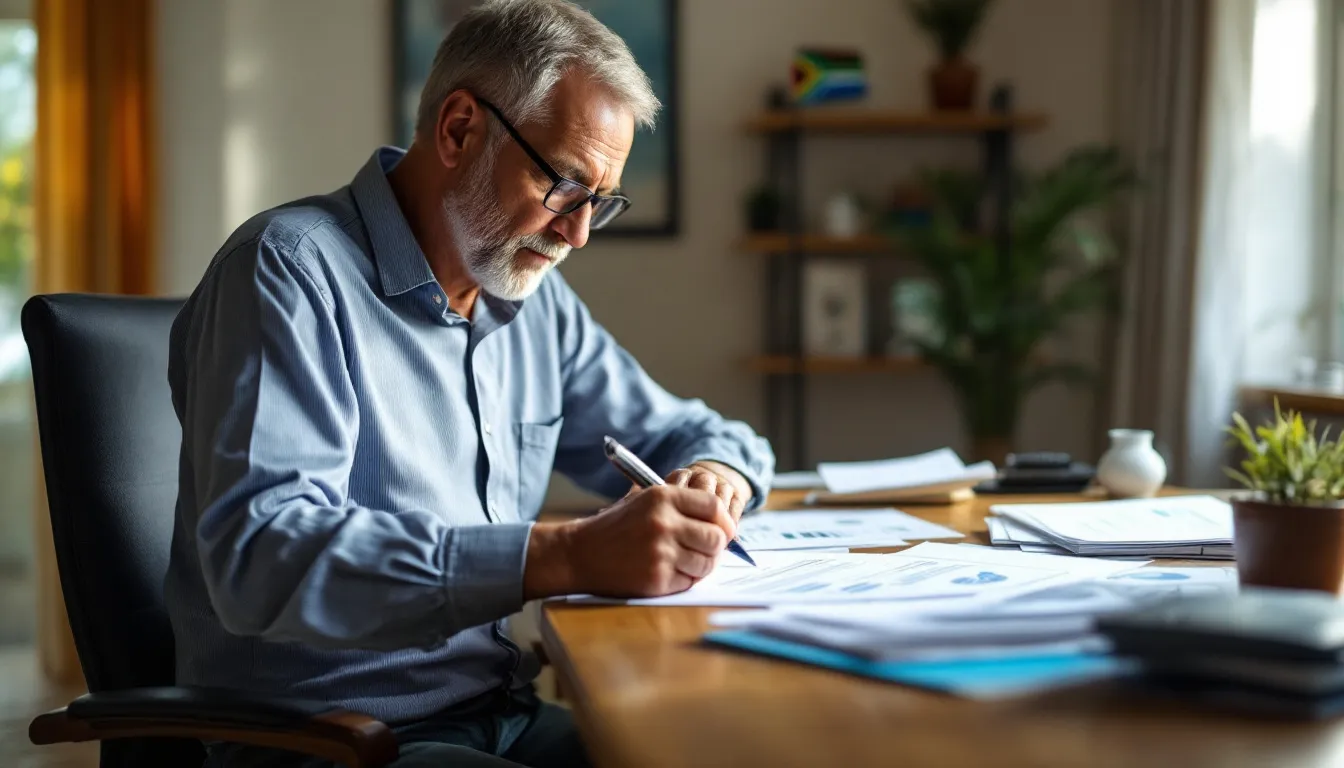 South African man completing provident fund claim paperwork at a home office desk with calculator and documents
