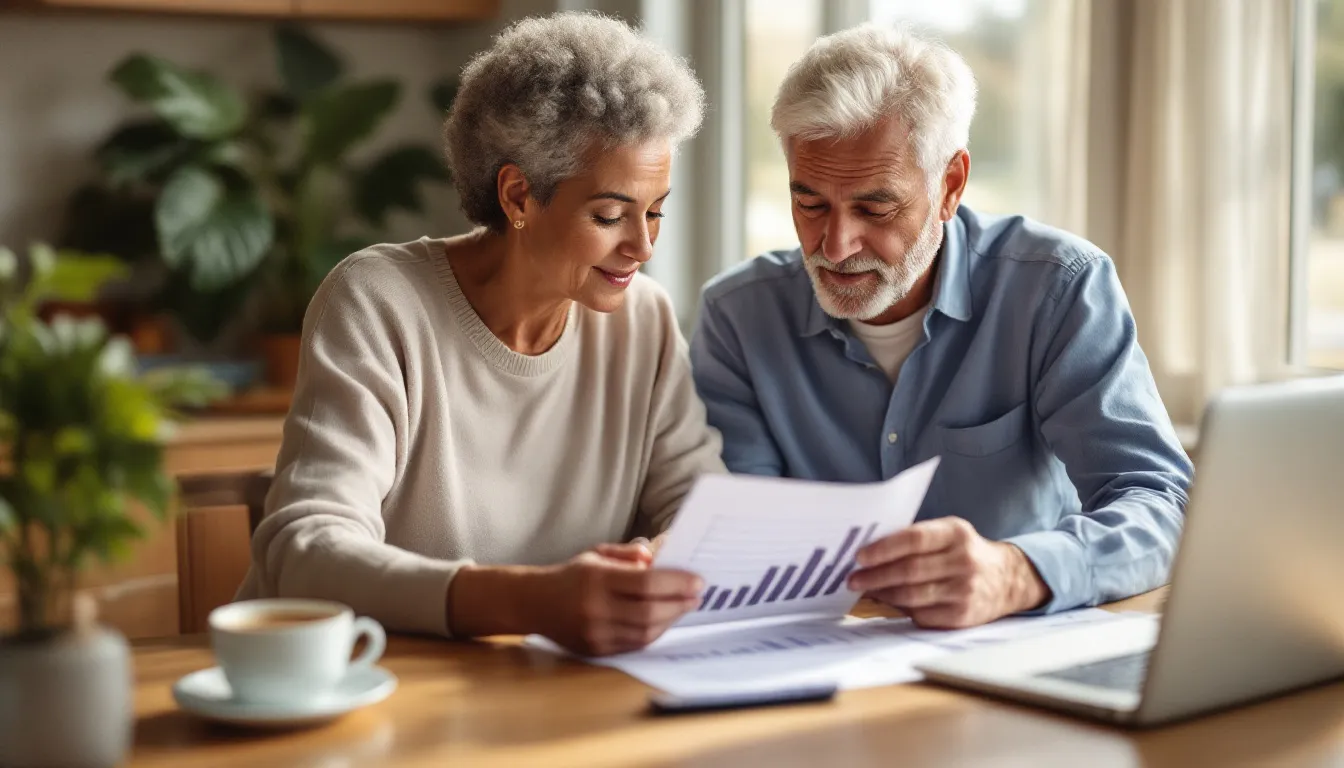 A retired South African couple reviewing annuity income documents at a kitchen table in warm natural light