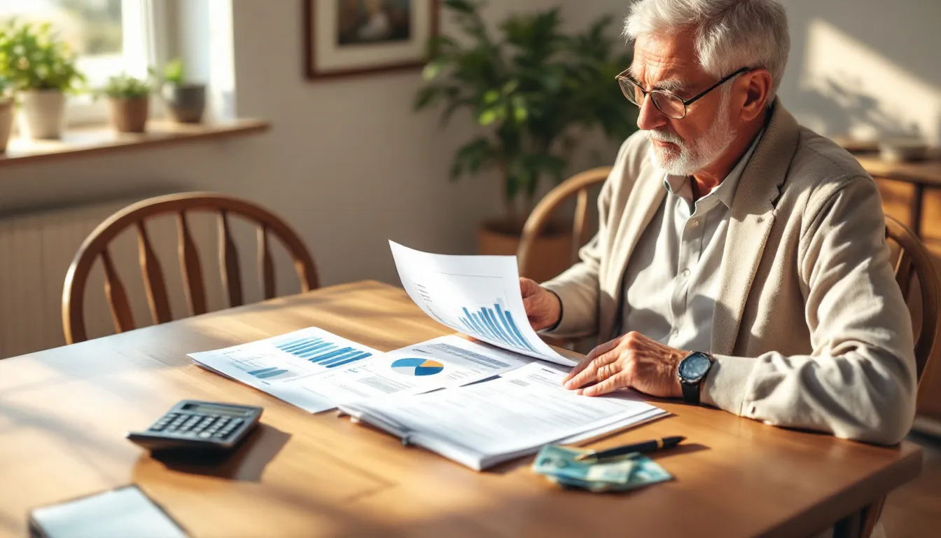 Retired South African man reviewing annuity and retirement fund documents at a kitchen table with a calculator and rand notes