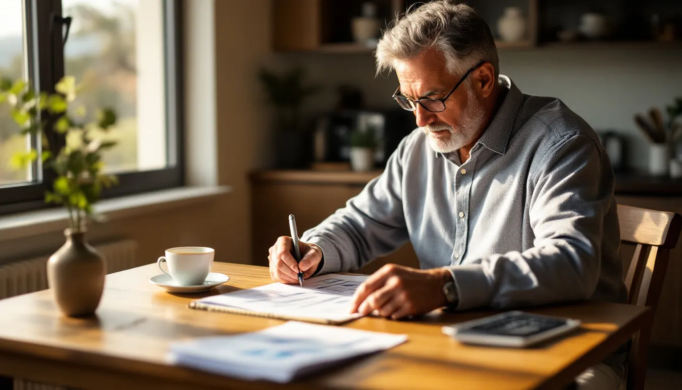 South African retiree reviewing retirement annuity documents at a kitchen table in warm natural light