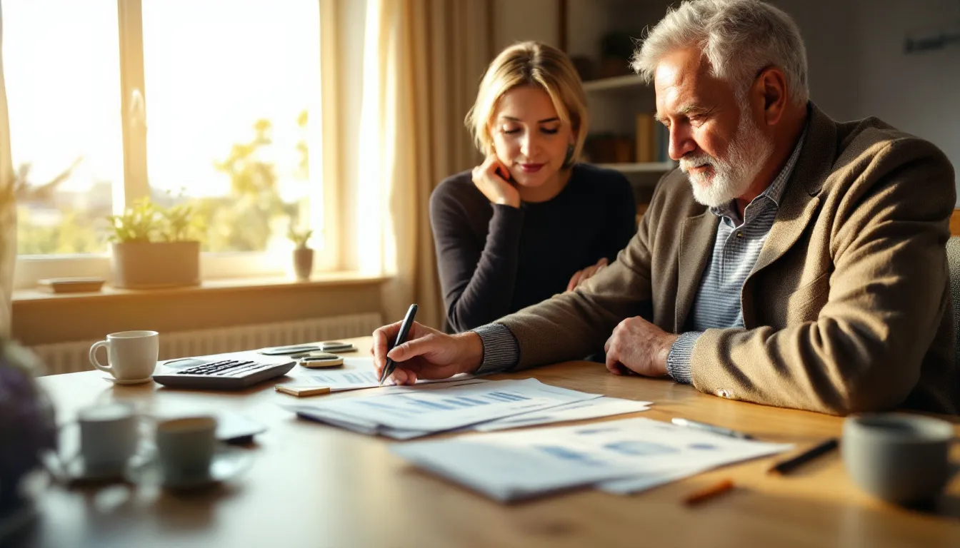 A South African retiree reviewing annuity income documents at a desk with a calculator and financial papers in a warm home office setting