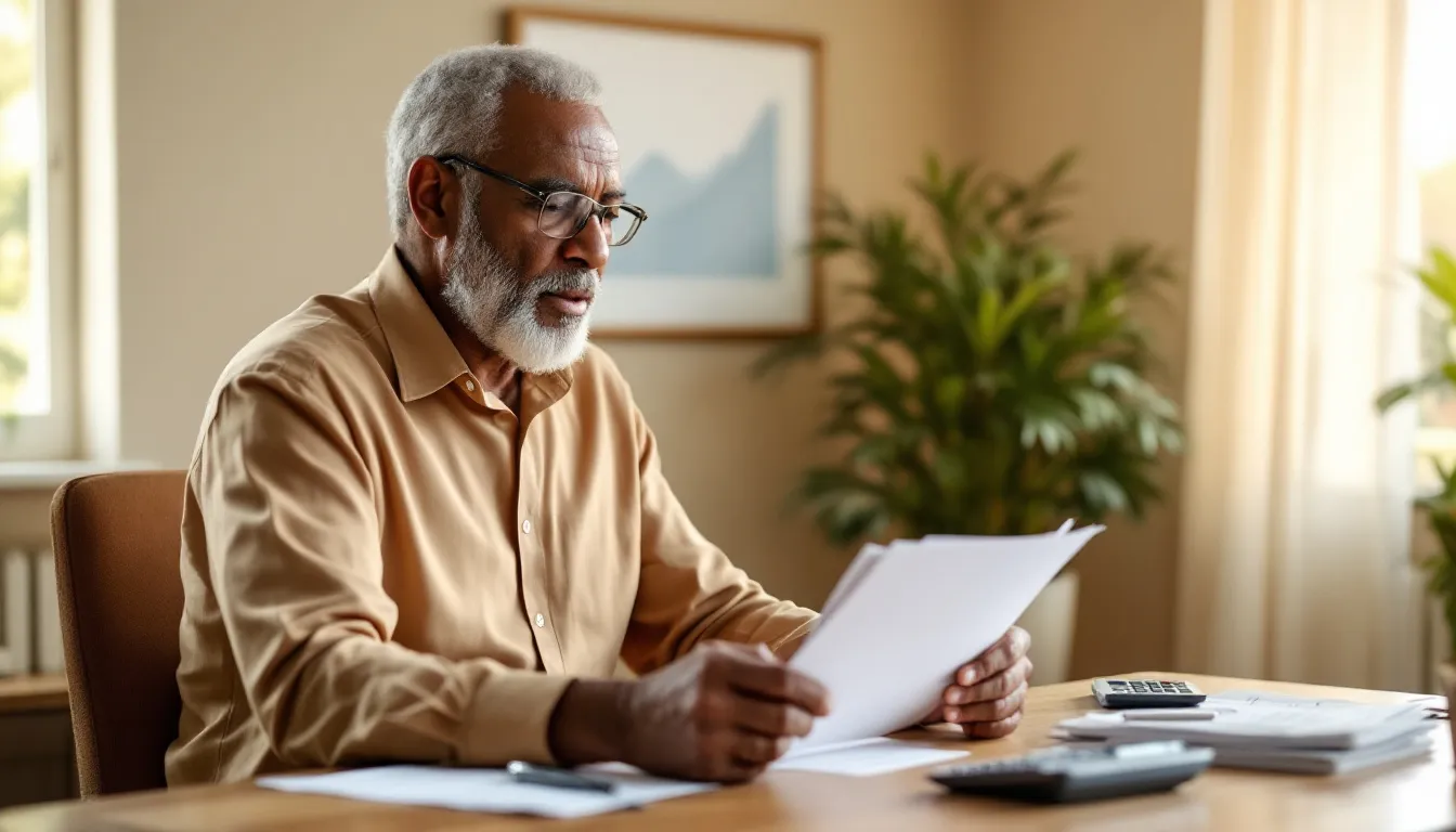 A South African retiree reviewing a fixed annuity financial document at a desk, with a steady income chart on the wall behind him