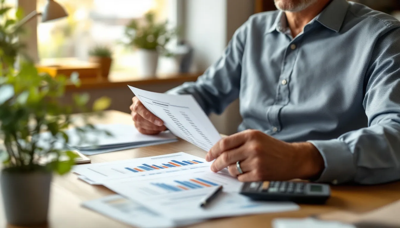 A mature South African retiree reviewing printed living annuity drawdown projections and income charts at a home desk, planning retirement income