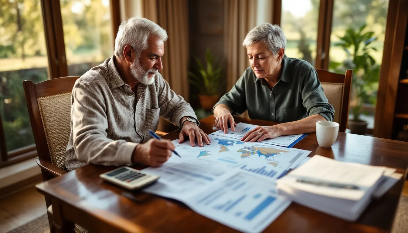 A South African couple in their sixties reviewing offshore investment portfolio statements and a world map at a home dining table, planning their retirement finances.