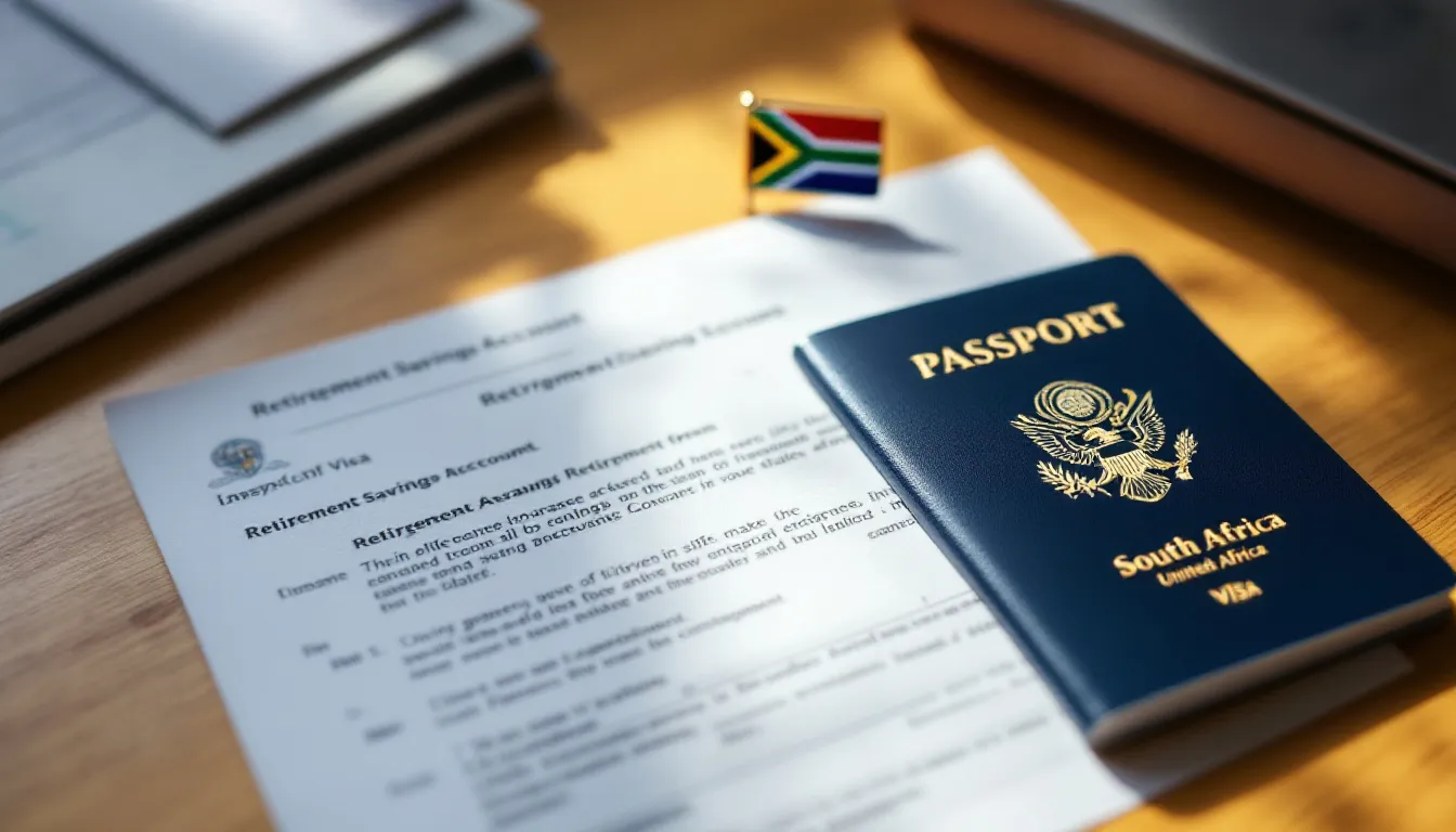 South African passport and US visa document placed side by side on a wooden desk alongside a retirement savings statement and a small South African flag pin, representing financial planning for South Africans emigrating to America
