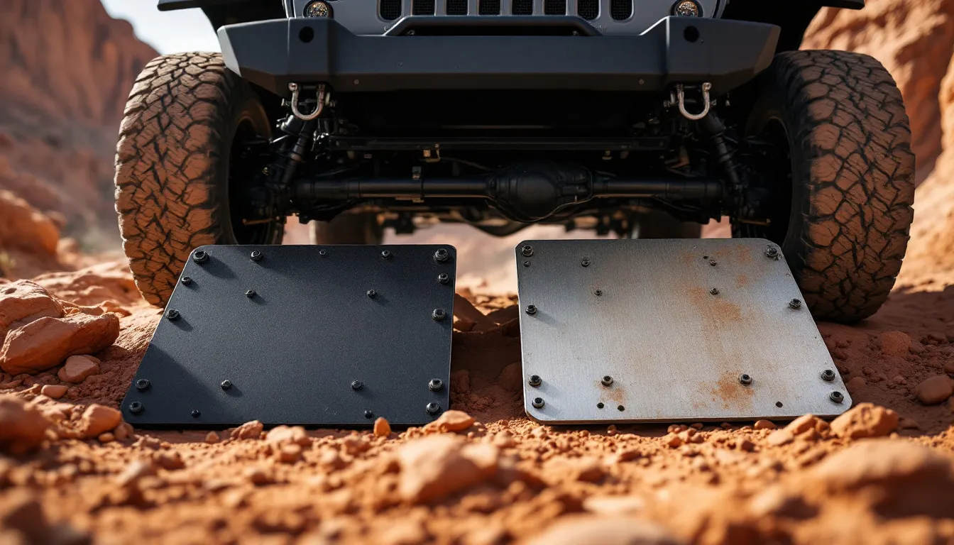 Steel vs aluminum skid plate comparison beneath a Jeep JK Wrangler on red rock trail terrain