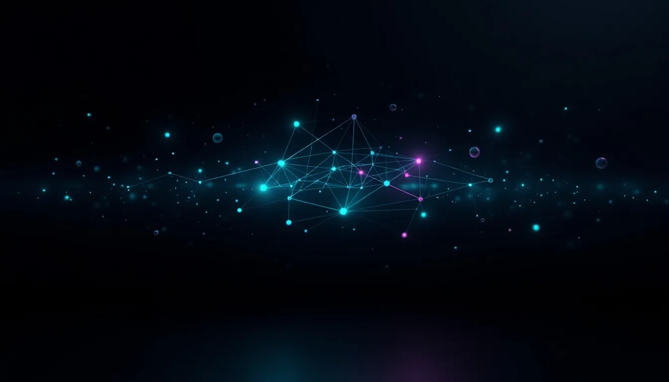 Abstract visualization of structured data connections flowing into AI understanding, shown as glowing teal geometric nodes and luminous data lines on a dark background