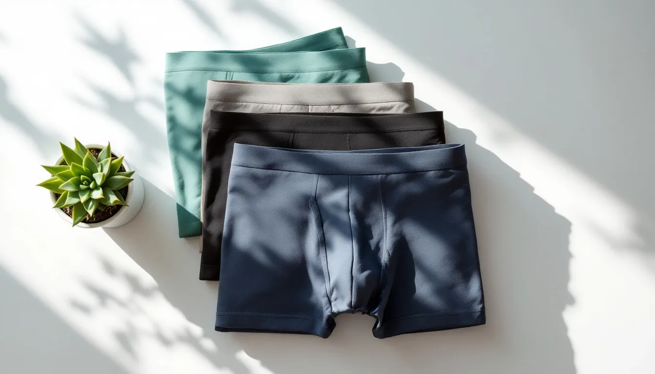 Flat-lay of neatly folded sustainable bamboo boxer briefs in forest green, blueberry black, and charcoal gray arranged on a white surface beside a small potted plant