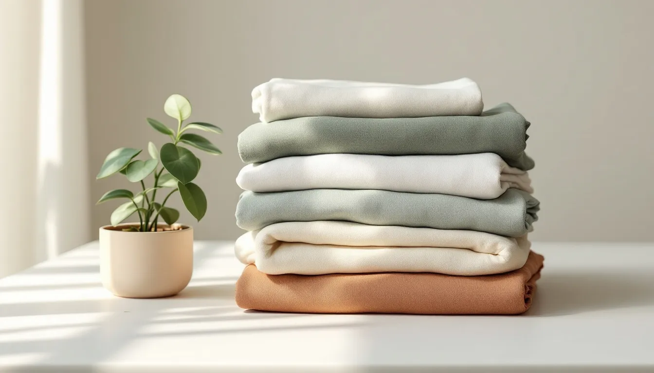 Neatly folded sustainable bamboo clothing in earthy tones arranged on a white surface beside a small green plant, representing eco-friendly and ethical fashion choices