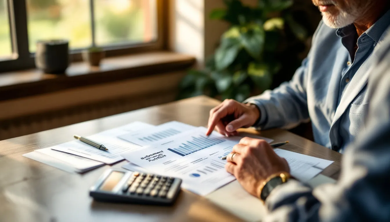 A South African man reviewing retirement annuity statements and portfolio documents at a clean desk, representing disciplined long-term retirement planning