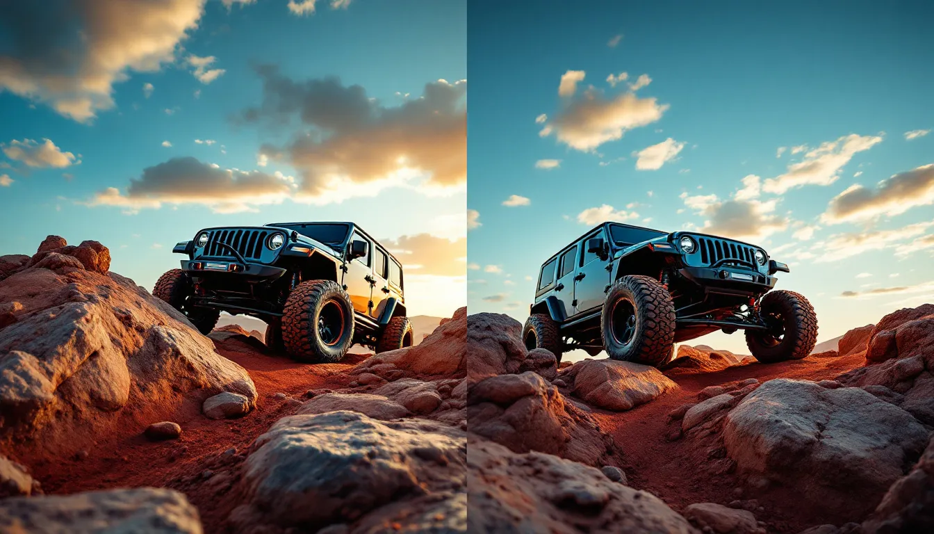 Two lifted Jeep JK Wranglers with 35-inch tires crawling over rocky off-road terrain, comparing TeraFlex vs Rock Krawler suspension lift kits