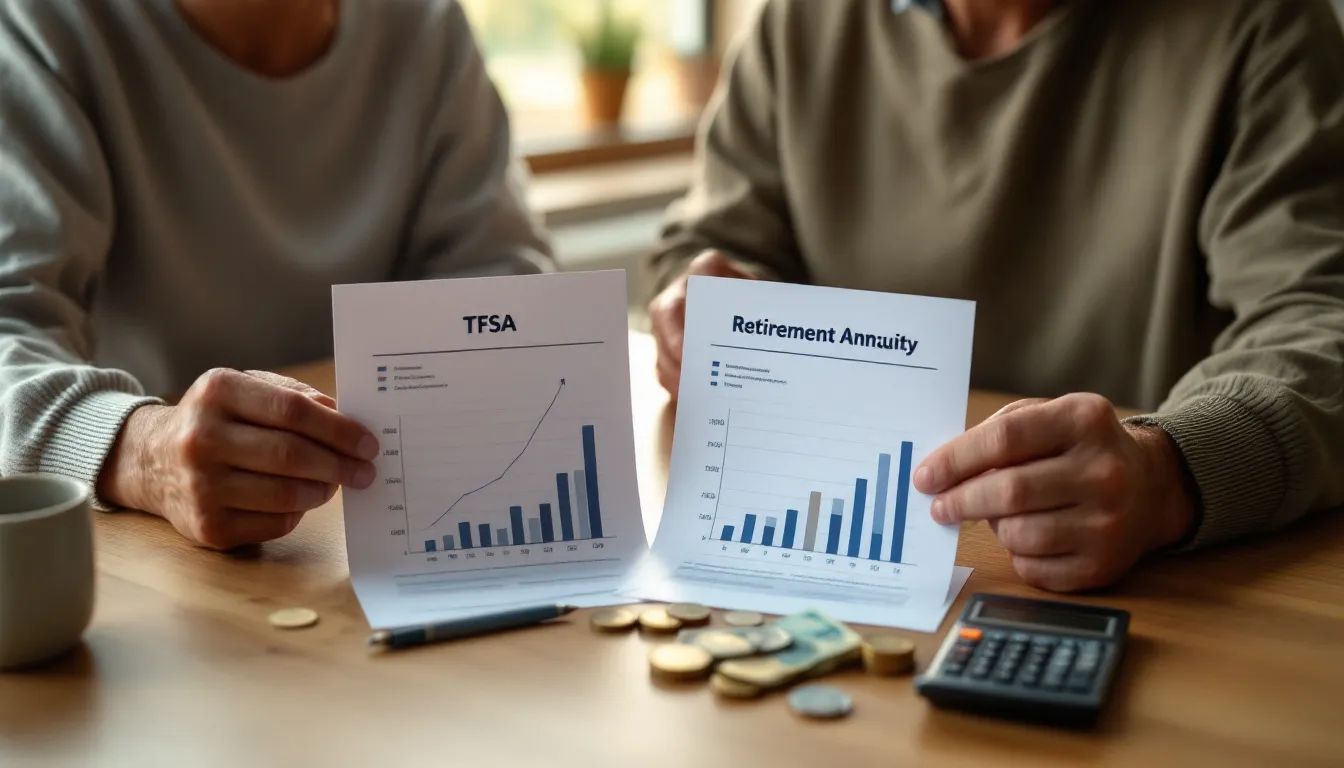A South African couple comparing a tax-free savings account and a retirement annuity side by side at a home table with printed documents and a calculator