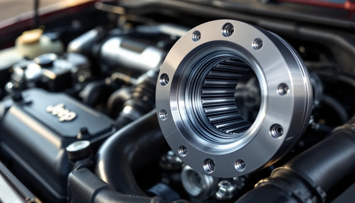 Throttle body spacer with spiral grooves installed on Jeep JK 3.6L Pentastar engine showing intake manifold connection