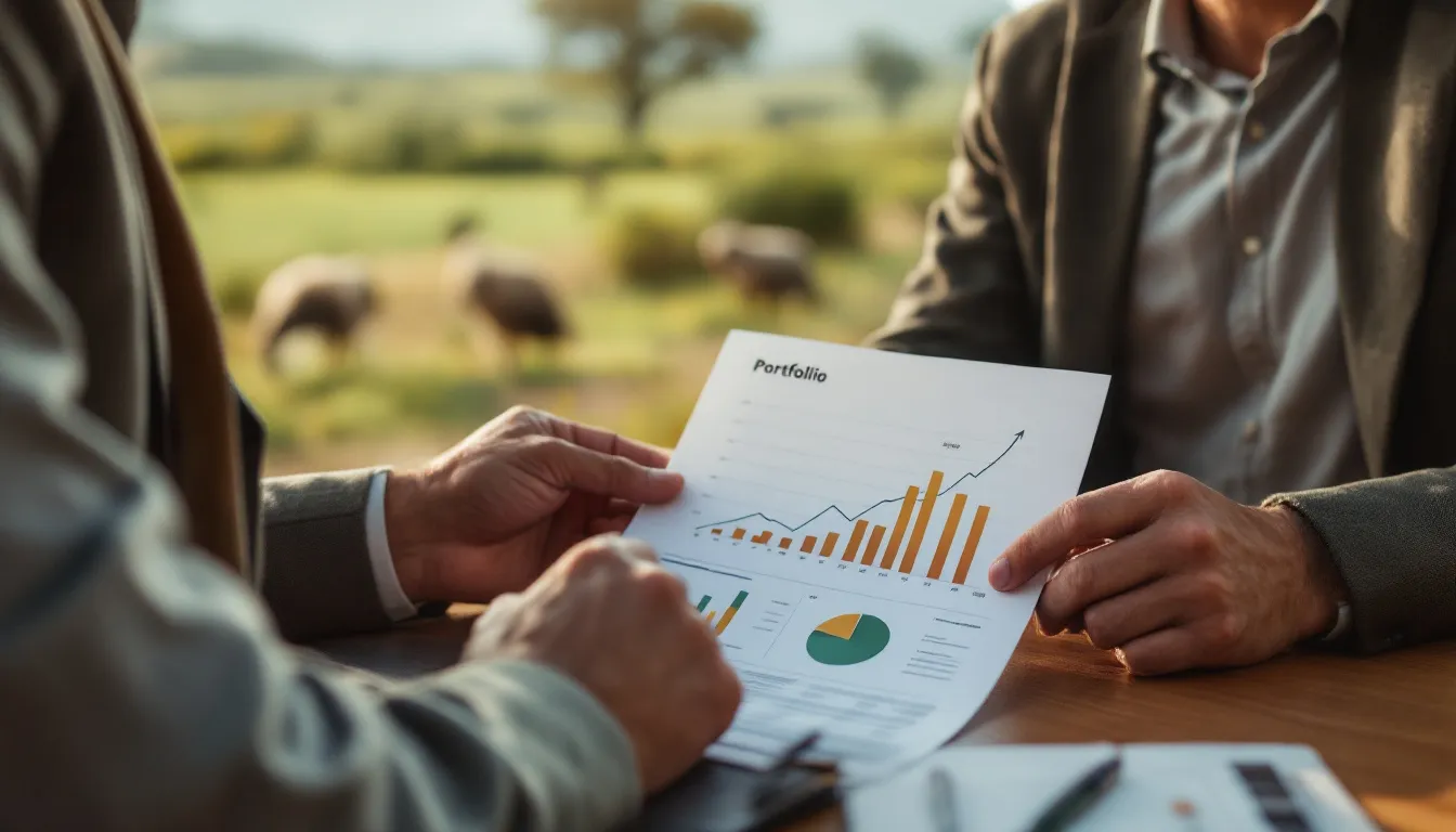 Financial advisor discussing long-term investment strategy with client over portfolio statement showing steady growth