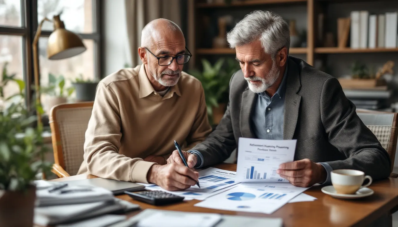 South African professional reviewing retirement planning documents and financial projections at a wooden desk with a calculator and folders