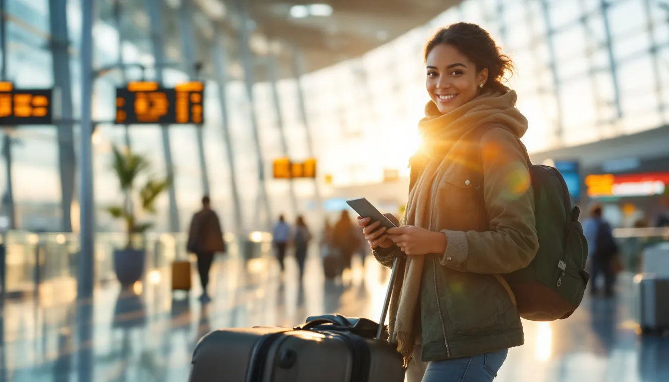 South African traveller at international airport departure hall holding passport and boarding pass, ready to travel abroad