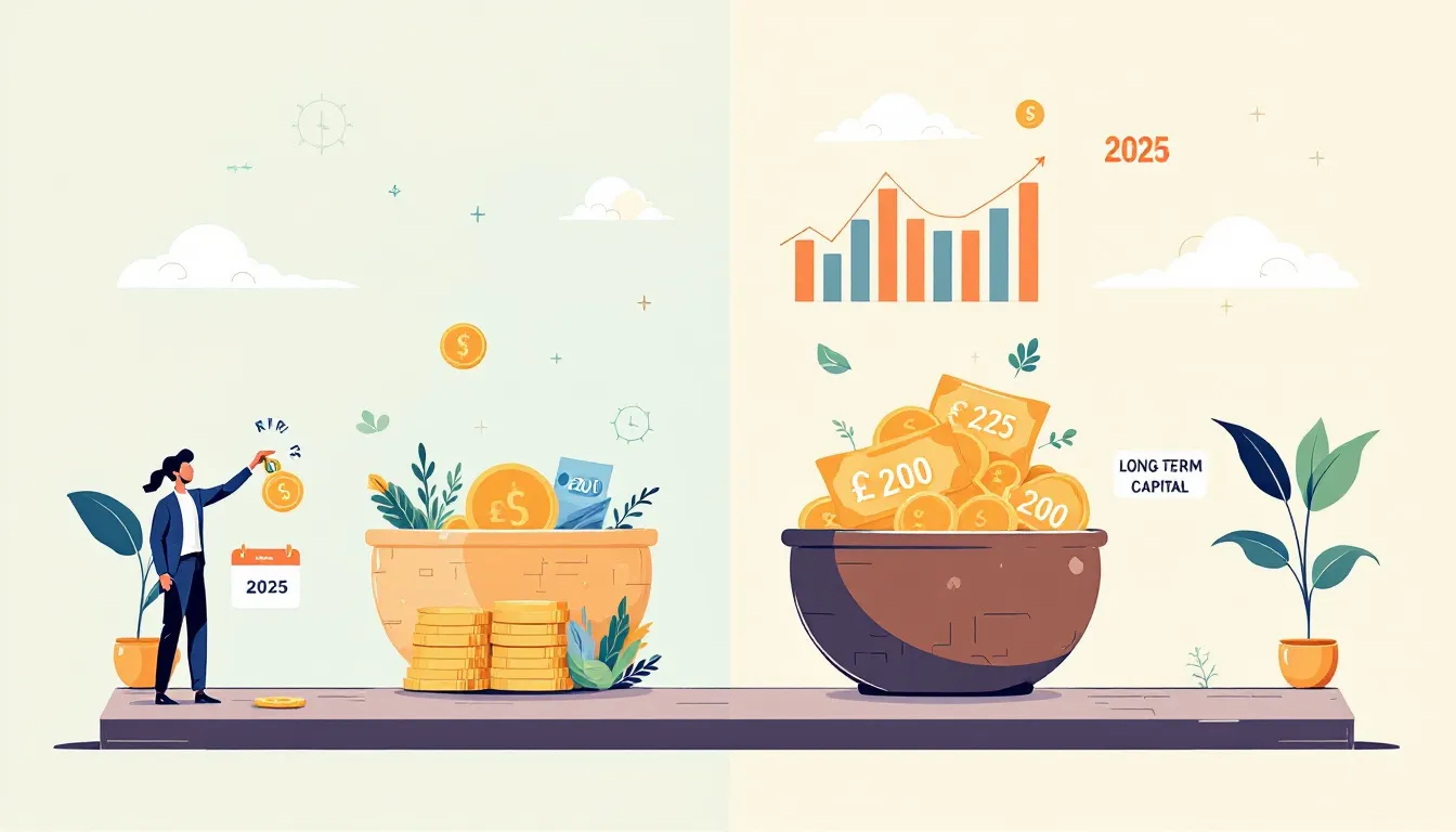Illustration of South Africa's two-pot retirement system showing the division between accessible savings and locked-in retirement funds, with growth charts and 2025 timeline.