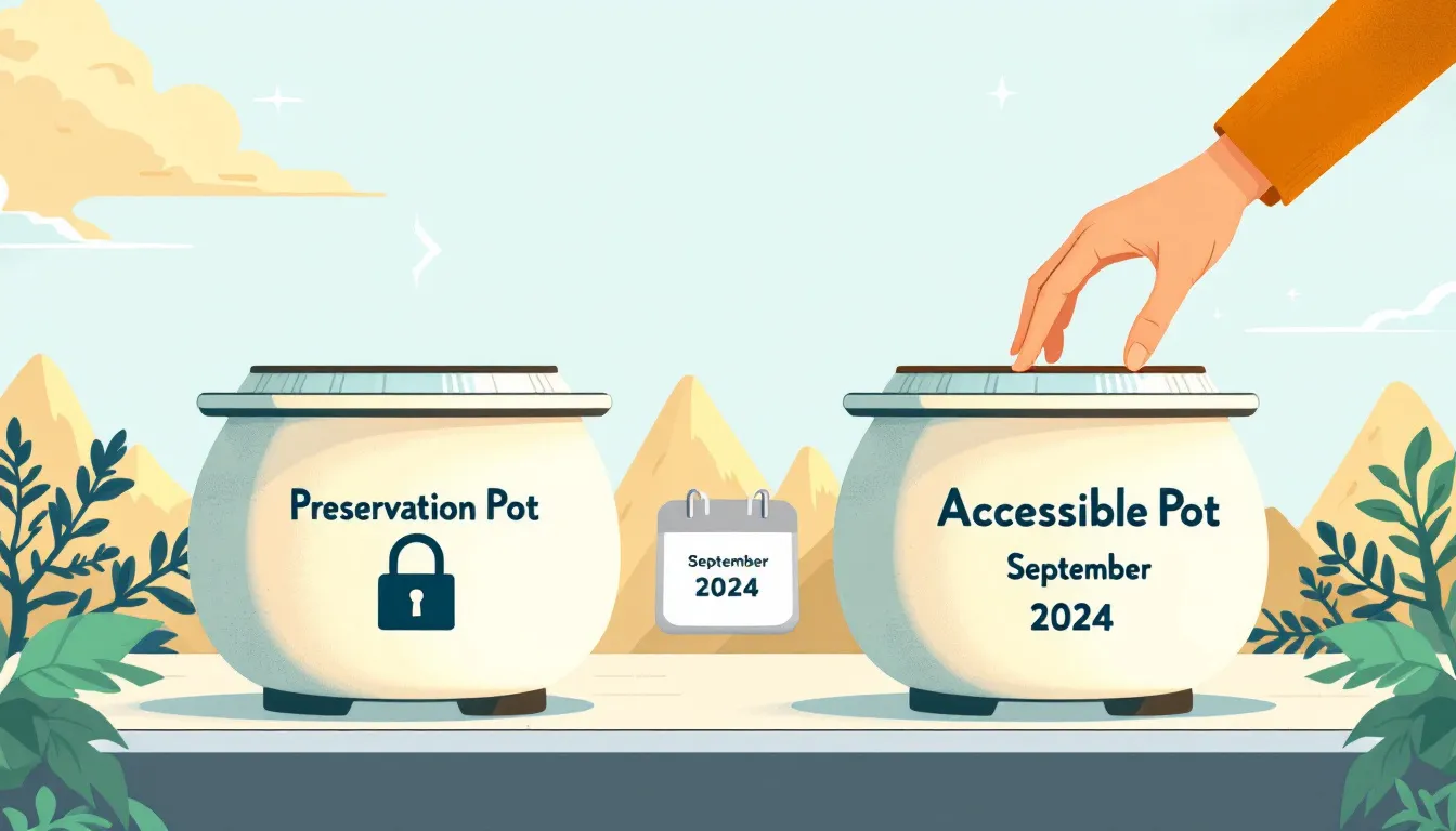 Illustration of South Africa's two-pot retirement system: a sealed preservation pot on the left and an accessible pot on the right, divided by a line, with local landscape elements in the background.