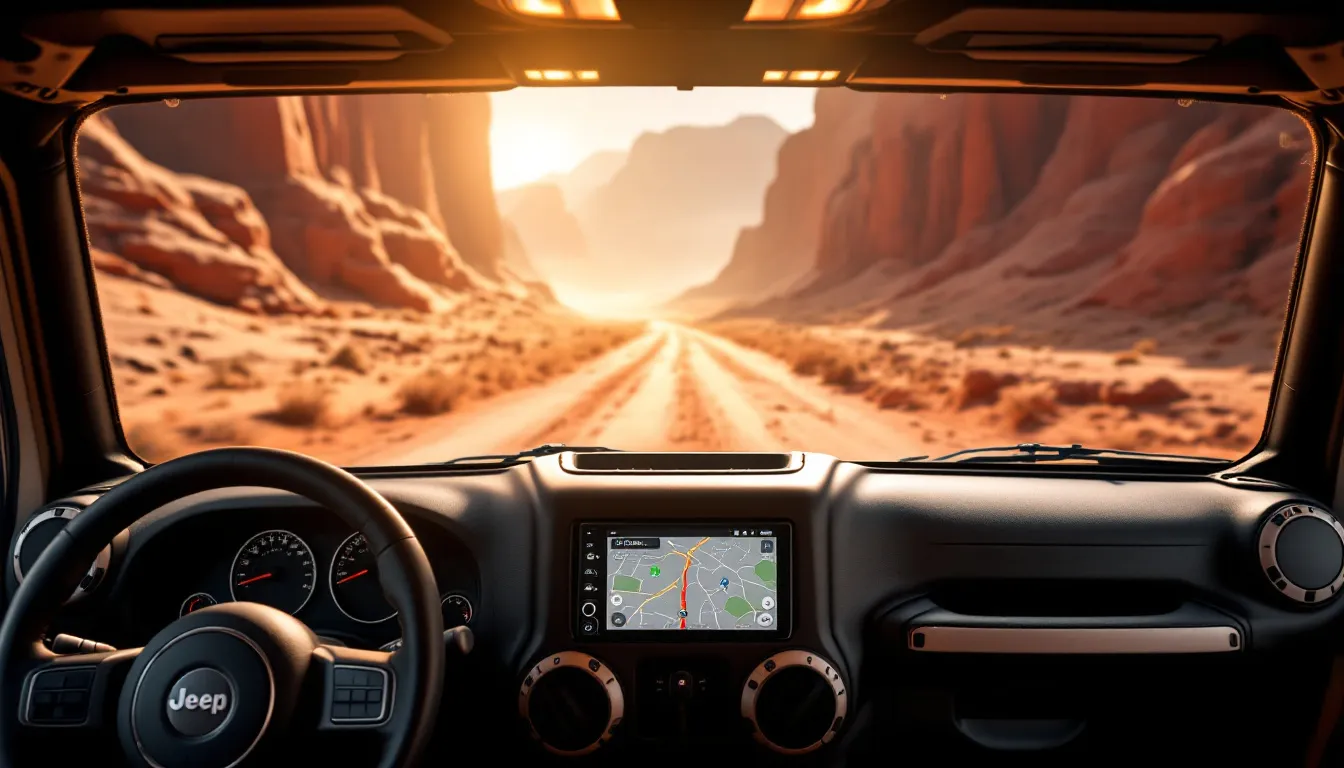 Aftermarket touchscreen head unit installed in a 2007-2018 Jeep Wrangler JK dashboard showing navigation interface with desert trail visible through windshield