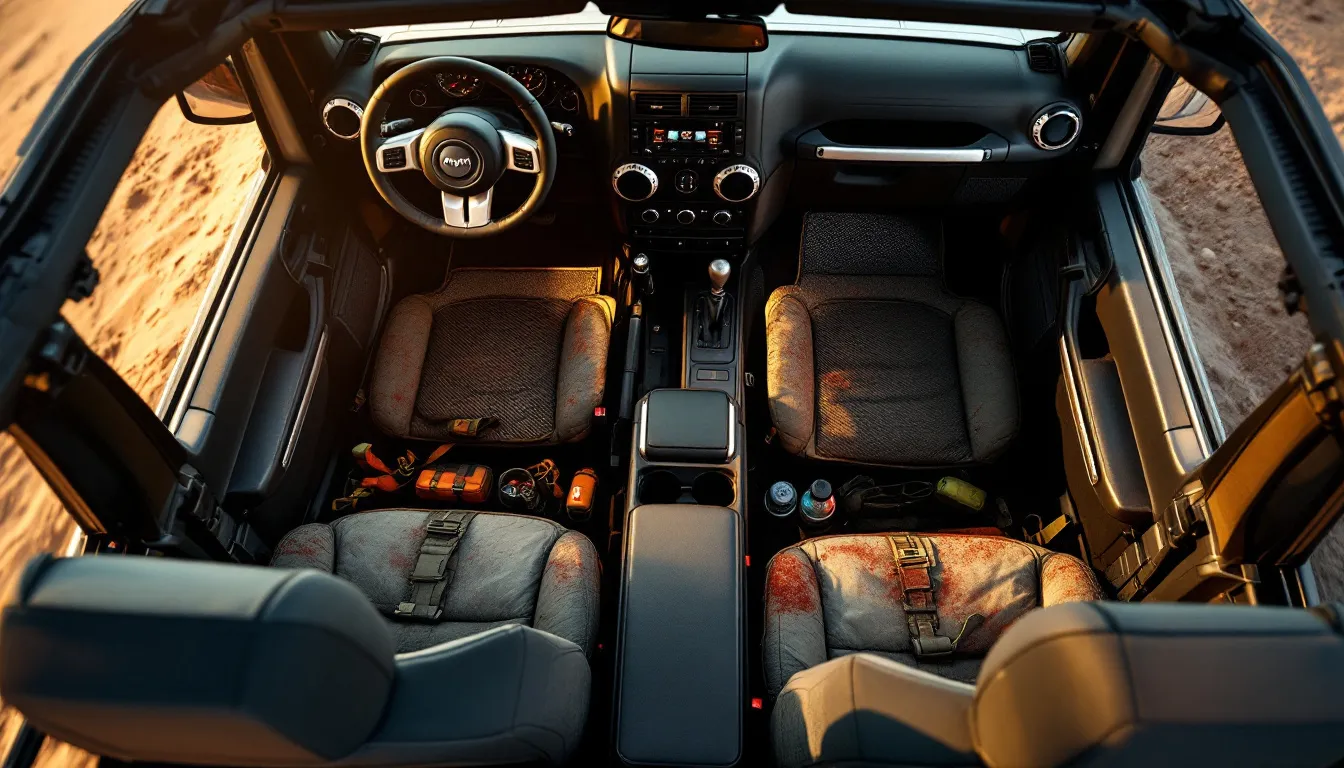Overhead interior view of a Jeep JK Wrangler cabin showing organized under-seat storage and center console area with trail gear neatly stowed and tactical MOLLE seat covers