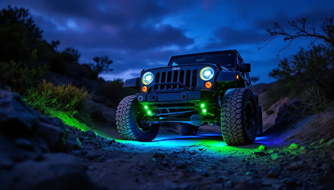 Jeep Wrangler JK with RGB LED underglow rock lights glowing green and blue from beneath the chassis on a dirt trail at dusk