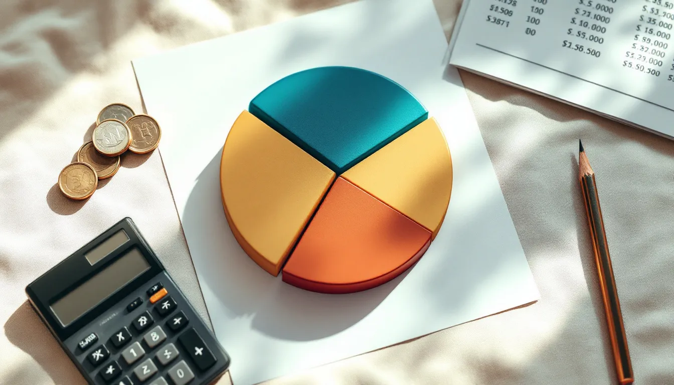 Flat-lay of South African rand coins, a printed pie chart divided into equities bonds property and cash segments, a calculator and investment statement pages on an off-white surface, illustrating unit trust diversification