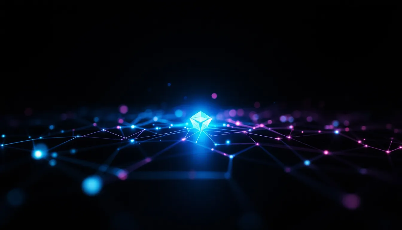 Abstract glowing node network on dark background representing vibe coding: an idea branching into structured code through AI