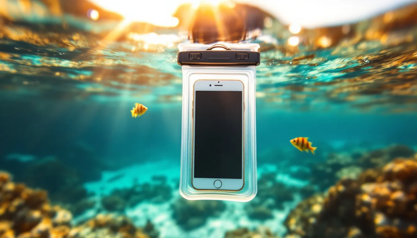A transparent waterproof phone pouch floating below the surface of clear shallow tropical water with sunlight filtering through and a coral reef visible in the blurred background