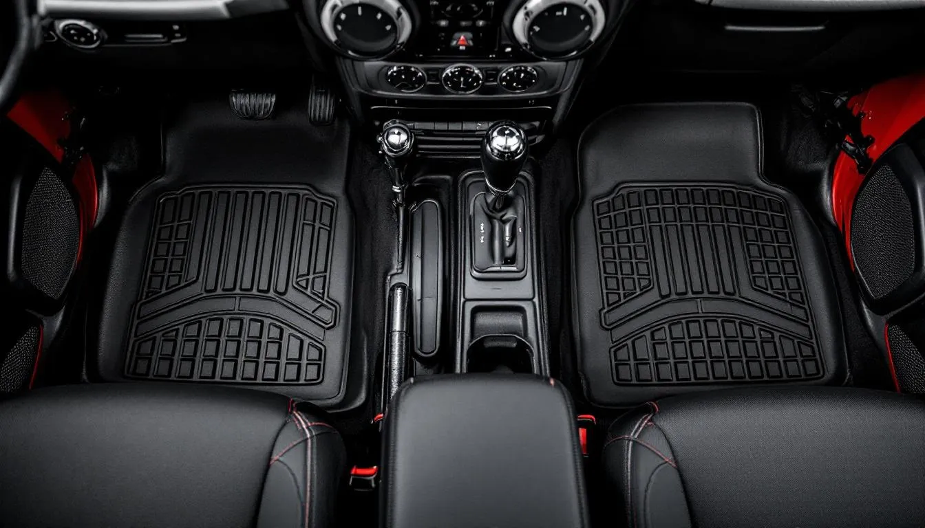 Overhead comparison of WeatherTech and Husky Liners floor mats installed in Jeep Wrangler JK interior showing coverage area and retention system differences