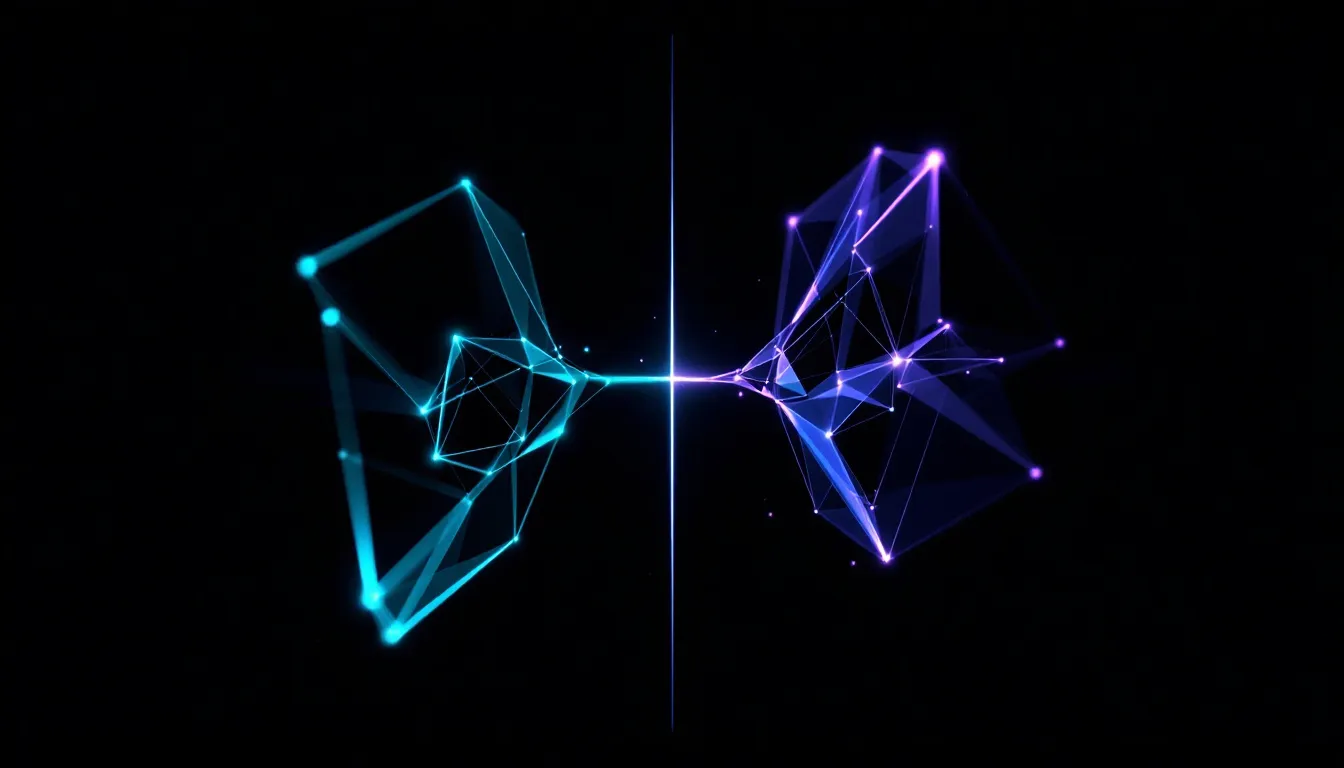 Abstract split composition showing structured teal geometric forms on the left representing AI-driven content efficiency, dissolving into irregular purple-lit organic shapes on the right representing content that requires human judgment