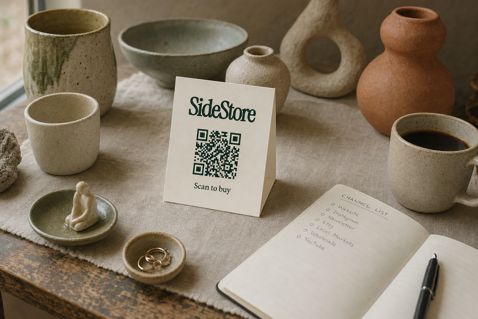 Aerial flat-lay of handmade ceramic pieces on linen with a folded SideStore QR tent card standing upright beside them, an open notebook, and a coffee mug on a wooden table