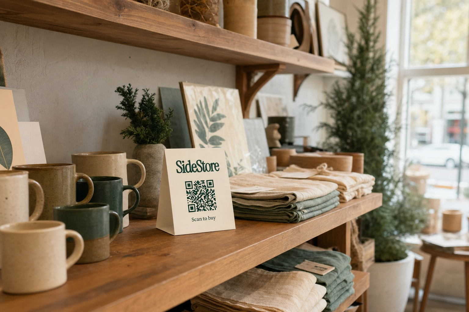 Low-angle view of a boutique interior with curated handmade products on wooden shelves, including ceramic mugs, folded textiles, and small art prints, bathed in soft natural window light.