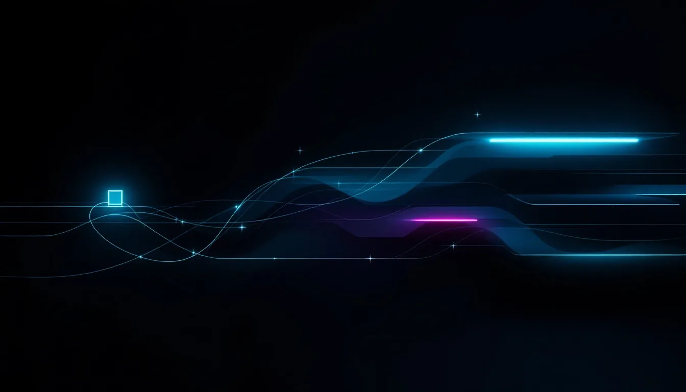 Abstract teal geometric flow transforming a single node into layered content planes on a dark background, representing video content repurposed into SEO articles