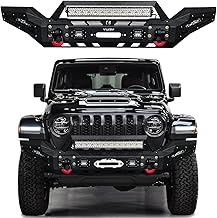 Full-width front bumper for JK Wrangler with integrated light mounts, textured black steel construction