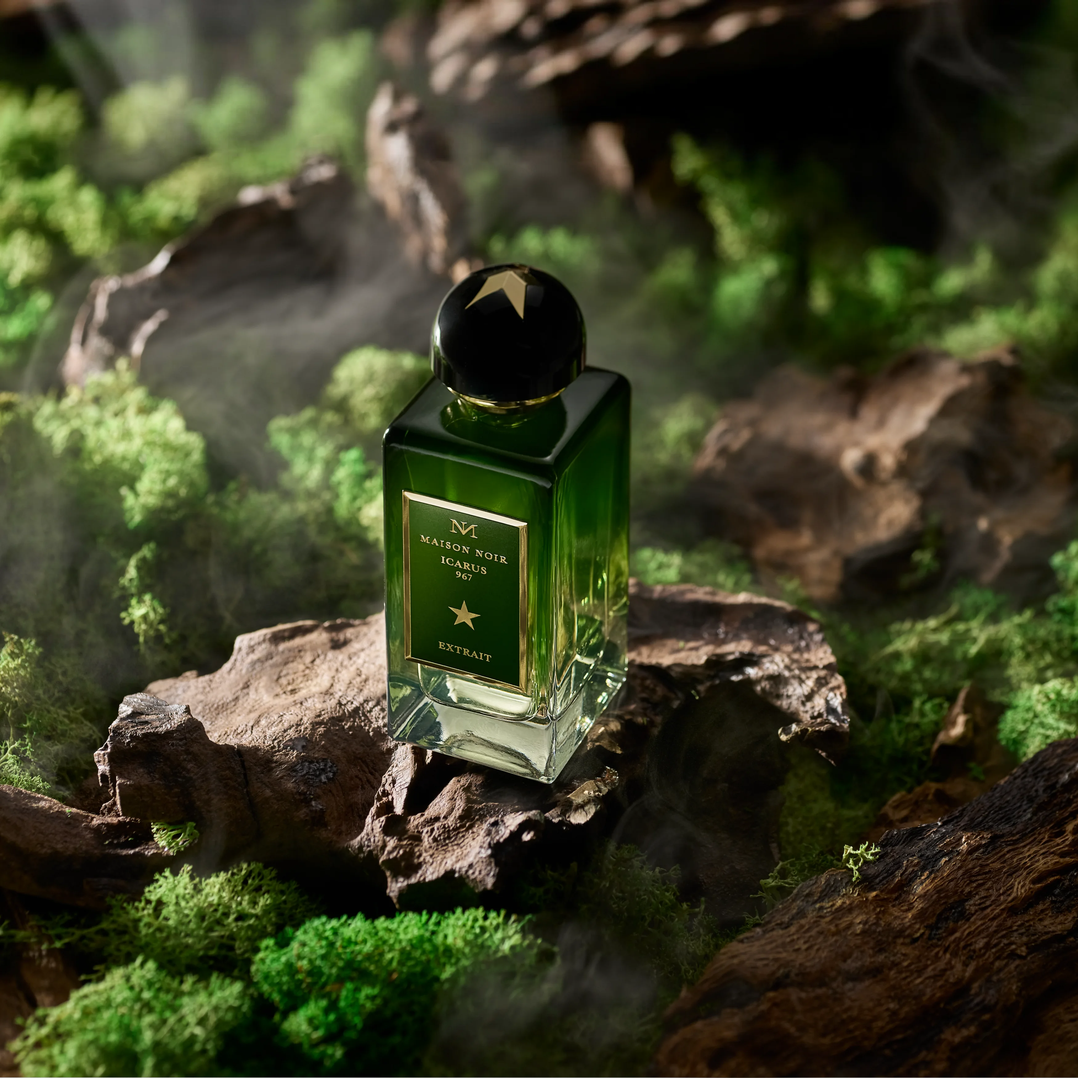 A dark green flacon set on moss and driftwood in low forest light